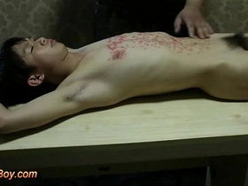 Young gay slave boy suffers through painful wax treatment.