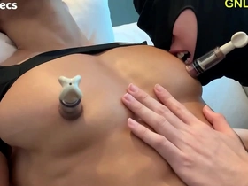 Hot Asian guy gets his nipples teased and licked by two men.