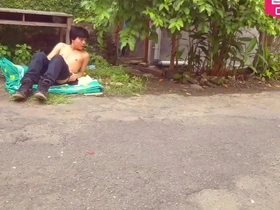 Public nudity with Hansel Thio in downtown garden for adult magazine photoshoot