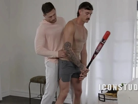 Enhancing his baseball stroke while penetrated anally by my large shaft