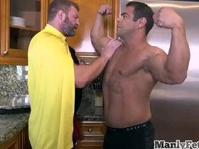 Tattooed hunk superhero gets bent over by his barebacking boyfriend