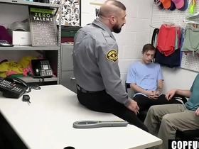 A sinister security guard engages in a bareback encounter with two shoplifters in his surveillance room
