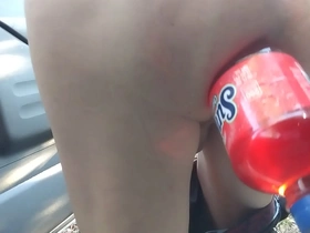 Solo guy enjoys anal play with soda bottle in public
