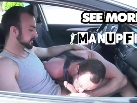 Gay couple gets naughty in the car with anal and rimming