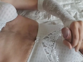 Crossdresser in lingerie gets a satisfying jerk and finish